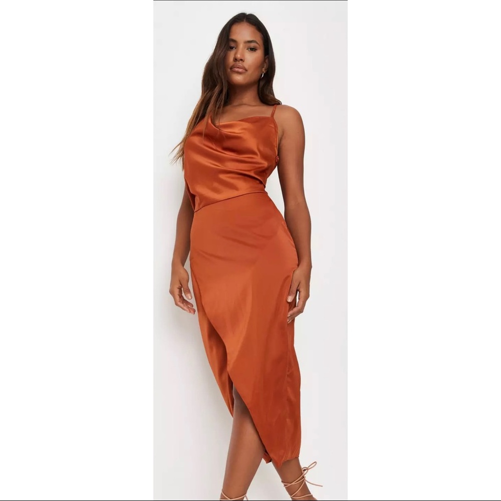 MISSGUIDED satin drape asymmetric strap midi dress
